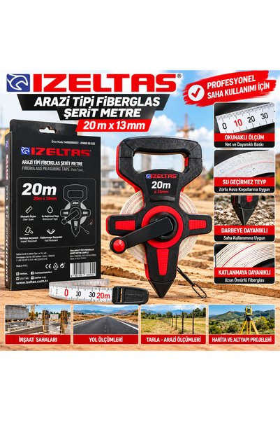 İzeltaş 20 Metre Arazi Tipi Fiberglas Şerit Metre 13 mm – Saplı, Su Geçirmez, Darbeye Dayanıklı Uzun Metre