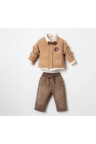 blumi kids 4-Piece Baby Boy Set with Lion Embroidered Knitwear Cardigan