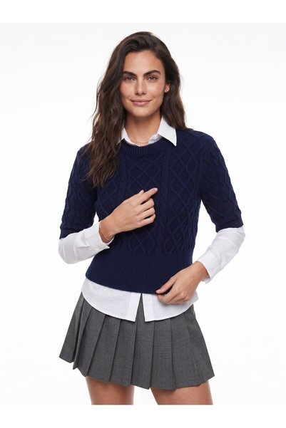 WeShaya Navy Blue Braided Knit Sweater, Rib Knit, Crew Neck