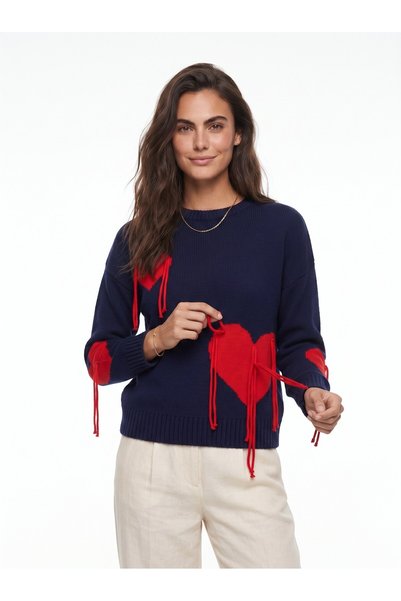 WeShaya Navy Patterned Fringed Sweater, Rib Knit, Drop Shoulder, Crew Neck