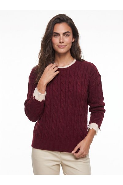 WeShaya Cherry-Colored Braided Knit Sweater, Rib Knit, Drop Shoulder, Crew Neck