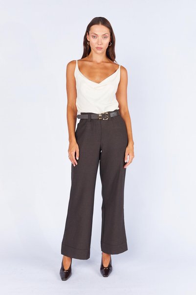 TENA Women's Coffee-Colored Belted Double-Cuff Wool-Effect Pants