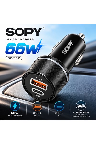 sopy شاحن سيارة SP-337 بقدرة 66 واط، مزود بمنفذي USB-A QC 3.0 و USB-C PD للشح...