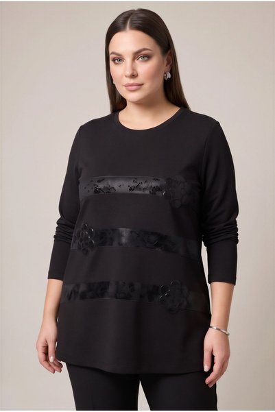 RMG Paneled Plus-Size Knit Blouse with Leather Trim, Black