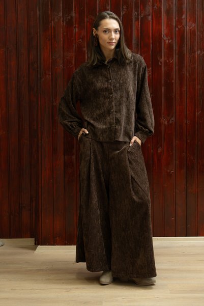 KÜÇÜĞÜM BUTİK Coffee-Colored Corduroy Shirt with a Collar