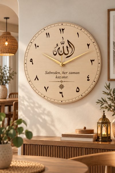 acargrafik Dekoratif Allah Yazılı Ahşap Duvar Saati