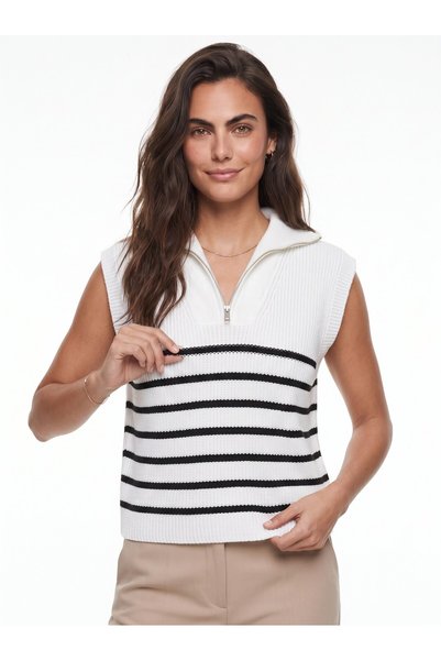WeShaya White and Black Striped Sweater with Zipper, Rib Knit, Knit, Sleevele...