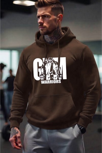 CAST COLLECTİON Men's Brown Gym Warriors Printed Winter Hooded Fleece-Lined S...