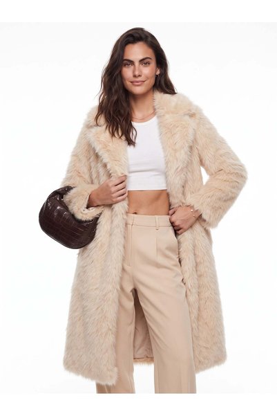 WeShaya Cream-Colored Fur-Trimmed Coat, Satin