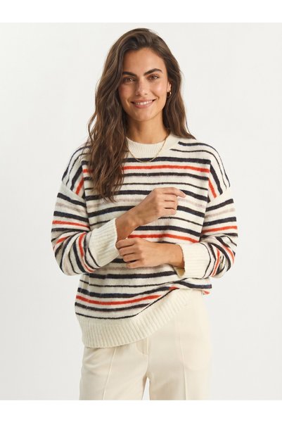 WeShaya Cream-Striped Oversized Rib Knit Sweater, Rib Knit, Drop-Shoulder, Cr...