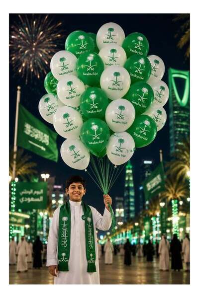 Generic Saudi National Day Balloons Pack – Green & White Printed Latex Balloo...