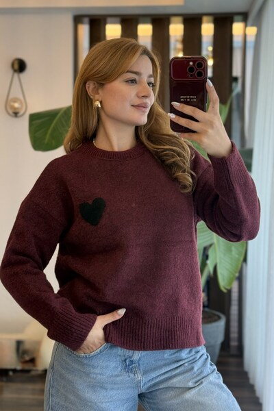 WeShaya Burgundy-Patterned Wool Sweater, Rib Knit, Knitted, Long-Sleeved, Cre...