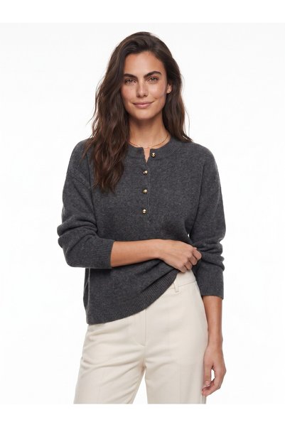 WeShaya Anthracite Rib Knit Sweater with Button Detail, Drop Shoulder, Crew Neck
