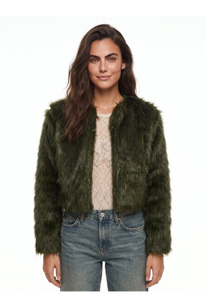 WeShaya Emerald Green Faux Fur Coat, Long-Sleeved