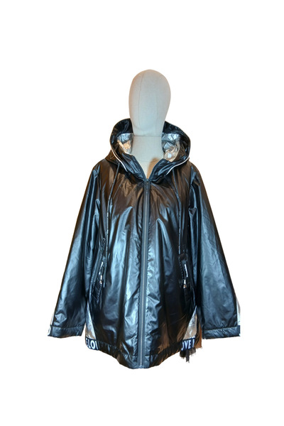 DARKWIN Women's Black Shiny Raincoat / Windbreaker with Hood, Silver Lining, ...