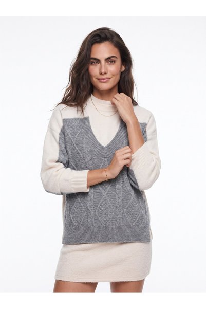 WeShaya Cream-Gray Color Block Sweater, Oversized, Rib Knit, Knit, Drop Shoulder