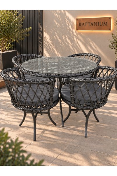 Karaçelik metal Rattan 4 Kişilik Antrasit Bahçe Masa Takımı - Camlı Masa ve 4...