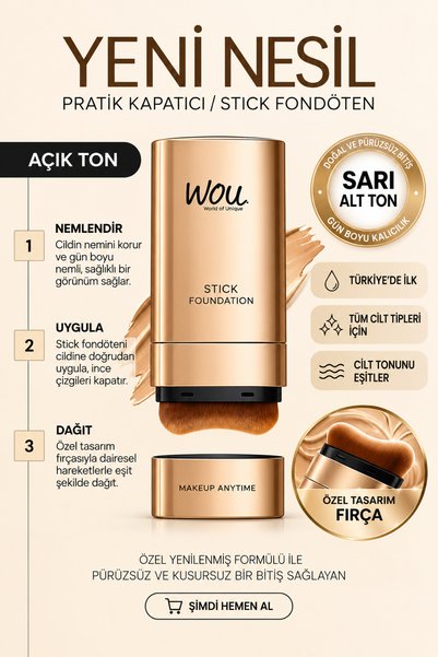 WOU World of Unique WOU Stick Fondöten Açık Ton Sarı Alt Tonlu Yüksek Kapatıc...