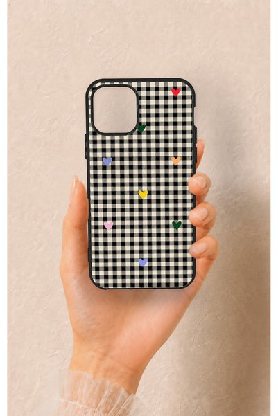 Vip Case غطاء سيليكون مزخرف بنقشة مربعات على شكل قلب، متوافق مع هاتف iPhone 1...