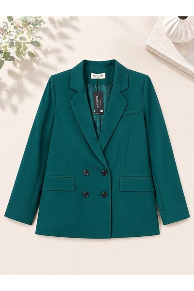 WeShaya Green Oversized Button-Front Blazer, Satin, Woven