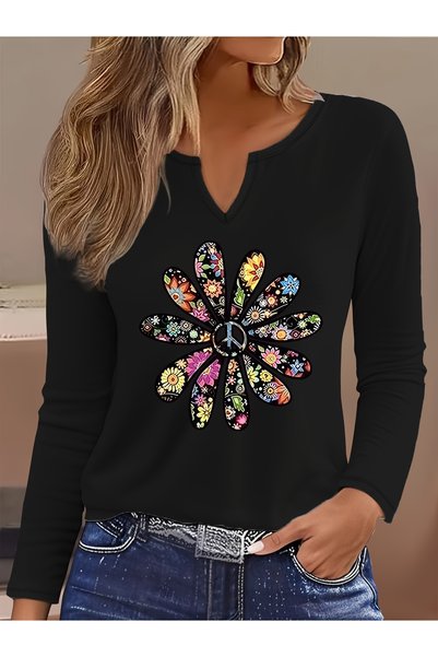 Deocept Printed Cotton-Stretch Fabric Half-V-Neck Long-Sleeve Blouse
