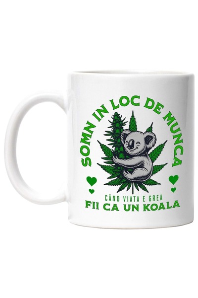 INOVATIX Cana alba personalizata,Urs Koala Vesel Imbratisare Frunze Verzi So ...