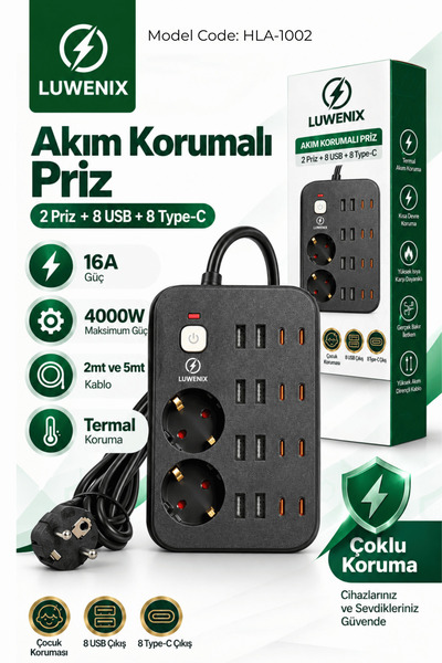 Luwenix 2’Li Akım Korumalı Çoklu Priz 2mt – 8 USB + 8 Type-C | 4000W 16A | 4000 Joule | 2 Metre Bakır Kablo