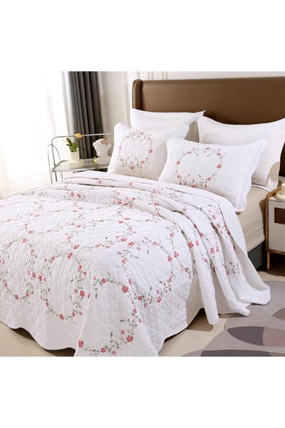 Generic 3-Piece Floral Embroidery Quilt Set Queen - White Bedspread with 3D P...