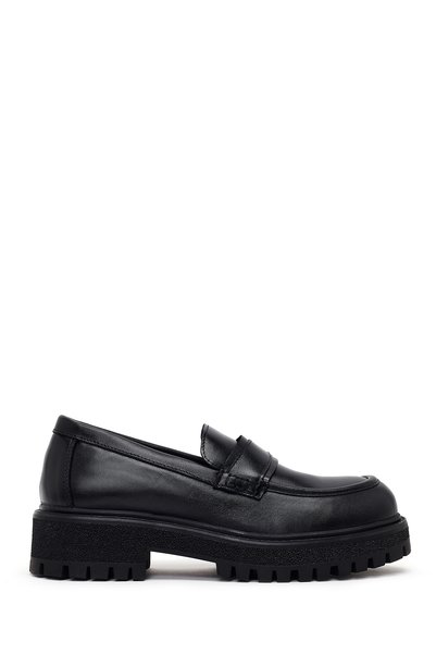 Derimod Women's Black Leather Loafers with Thick Sole, Masculine Style AF4100...