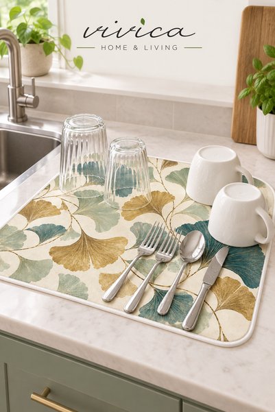 VİVİCAHOME Ginkgo Yaprağı Desenli 40x50 cm Bulaşık Kurutma Matı, Tezgah Üstü ...