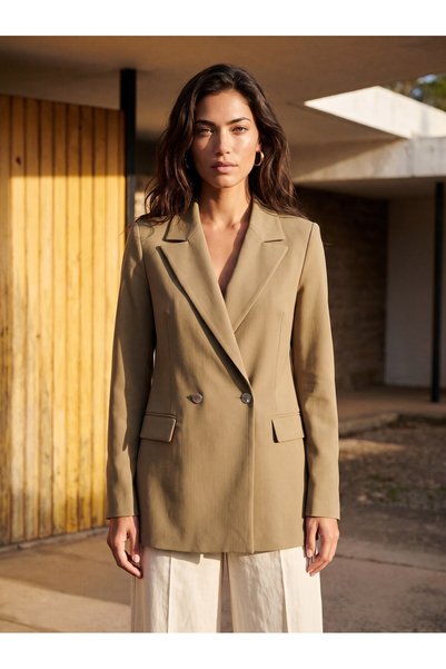 WeShaya Earth-Tone Double-Breasted Jacket, Woven, Relaxed Fit, Straight Cut