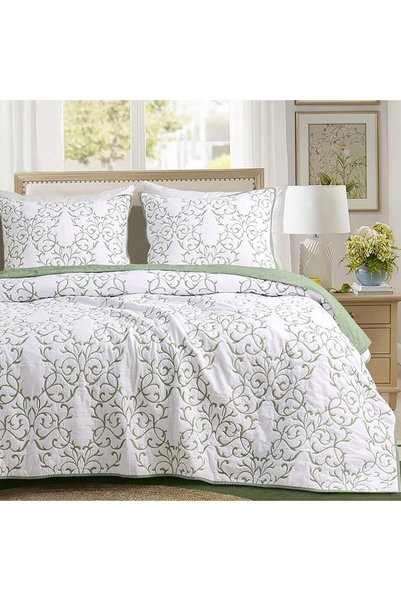 Generic Quilt Sage Green Queen Size Reversible 3-Piece Sage Green Embroidery ...