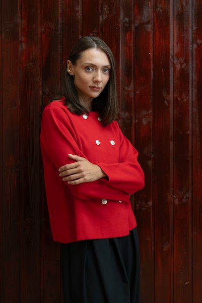KÜÇÜĞÜM BUTİK Red Button-Detail Knit Jacket