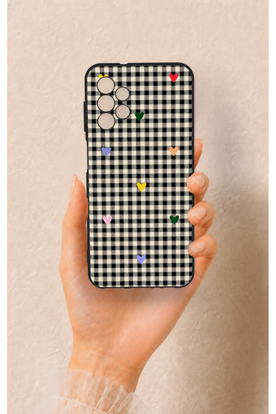 Vip Case Samsung A13 Compatible Silicone Case with Heart-Shaped Plaid Pattern