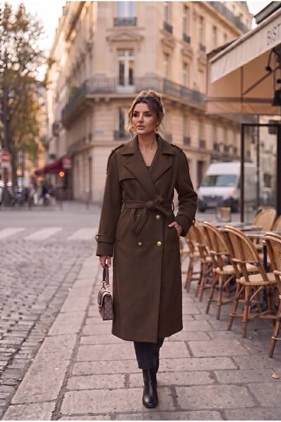 MAXORA SHOP Μακρύ παλτό από ύφασμα Janice, με ζώνη, χρυσά κουμπιά και φόδρα -...