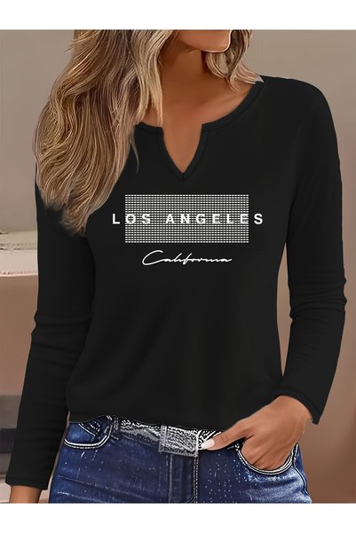 Deocept Printed Cotton-Stretch Fabric Half-V-Neck Long-Sleeve Blouse