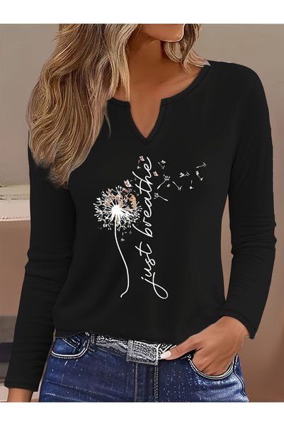 Deocept Printed Cotton-Stretch Fabric Half-V-Neck Long-Sleeve Blouse