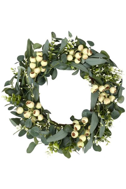 Noonedibs Coroană verde de eucalipt artificial cu fructe de pădure mari, pent...
