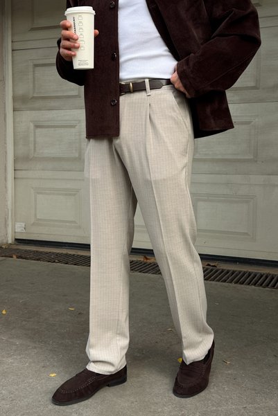 Livio Ferri Osan Men's Baggy-Fit Pants with Thin Stripes and a Single Pleated...