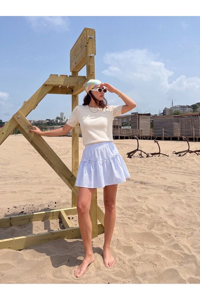 WeShaya Blue Striped Mini Skirt with Bow Detail, Cotton, Woven, Stretchy, Ruched
