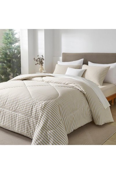 Generic Tan Striped Comforter Set Full Size - Beige Stripes Pattern Bed Set f...