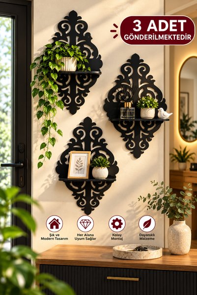 efriva 3'lü Osmanlı Motifli Dekoratif Duvar Rafı, Yapışkanlı Duvar Süsü, Mode...