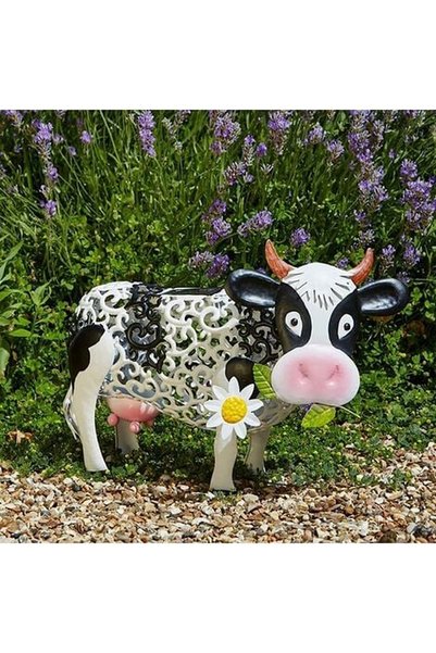 Noonedibs Figurină solară de grădină decorată cu flori ajurate, vacă de lapte...