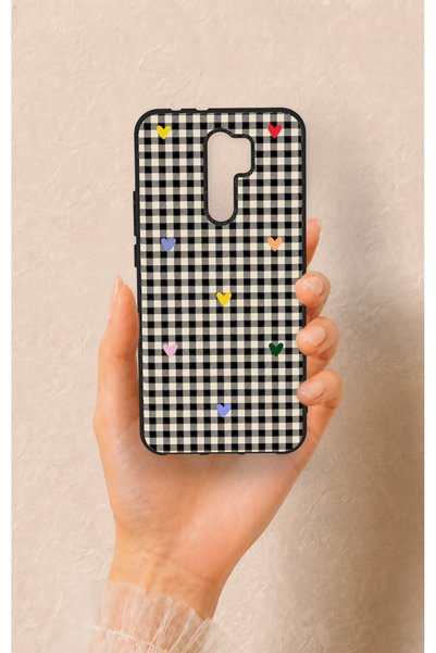 Vip Case Redmi 9 Compatible Silicone Case with Heart-Shaped Plaid Pattern