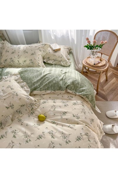 Generic Reversible Green Floral Duvet Cover Set Queen Size - 100% Cotton Bota...