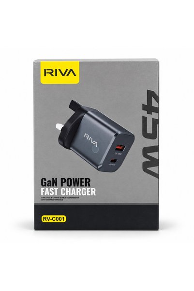 Riva شاحن حائط سريع RV-C001 بقوة 45 واط بتقنية GaN مع منفذي USB-C و USB-A