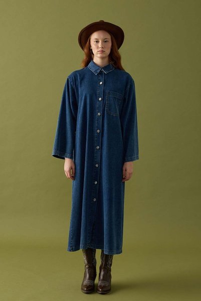 Ceylan Otantik Mavi Denim Düğmeli Elbise