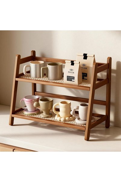 Generic 2 Tier Mug Storage Coffee Station Organizer, Bamboo Cabinet Cup Shelf...