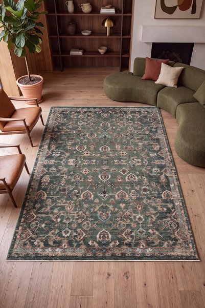 Cool Halı Saray Yeşil Vintage Halı Etnik Çiçek Desenli Yumuşak Dokulu Bohem Retro Ev Oturma Odası Salon Halısı