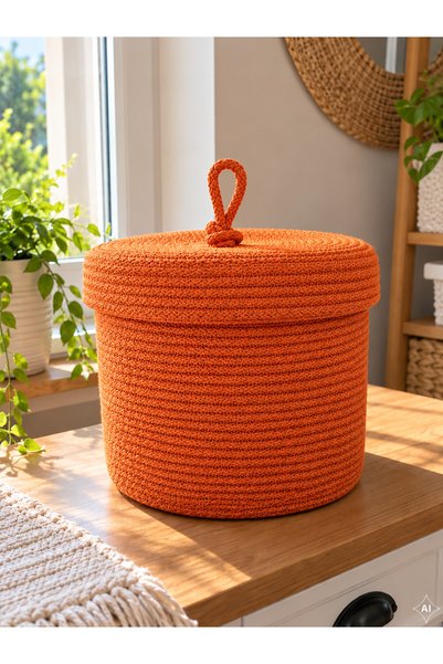 ÖRGÜM Coș împletit cu aspect de răchită, cu capac, de 30 x 25 cm – Coș decora...
